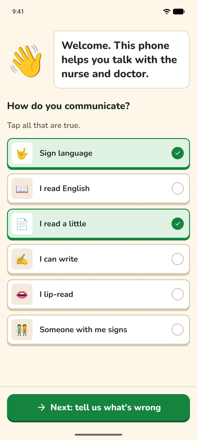 The Arrive screen: "How do you communicate?", with Sign language and "I read a little" ticked.