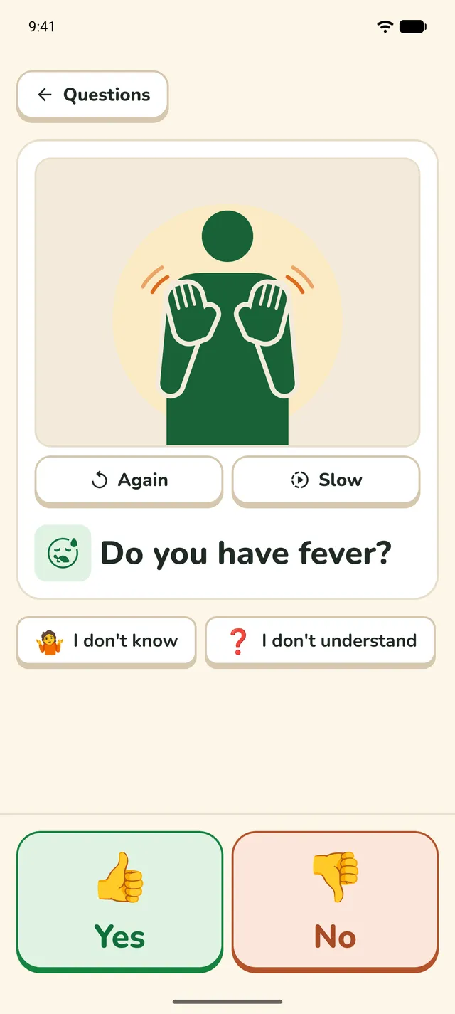 A doctor's question, "Do you have fever?", with an illustration of a signer in place of the sign language video, and Yes and No answers.