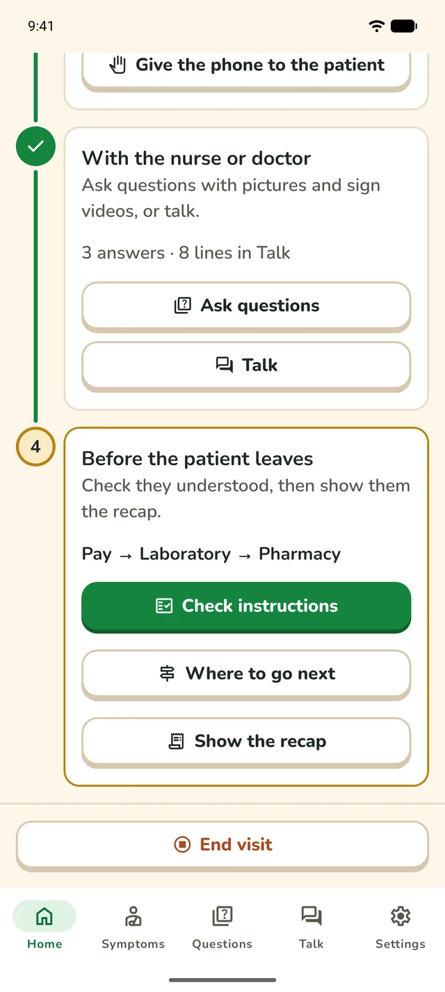Home at the last step, showing the route "Pay, Laboratory, Pharmacy" and the Check instructions button.