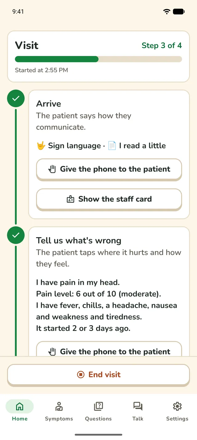 Home during a visit: steps 1 and 2 are done, and the patient's answers are shown.