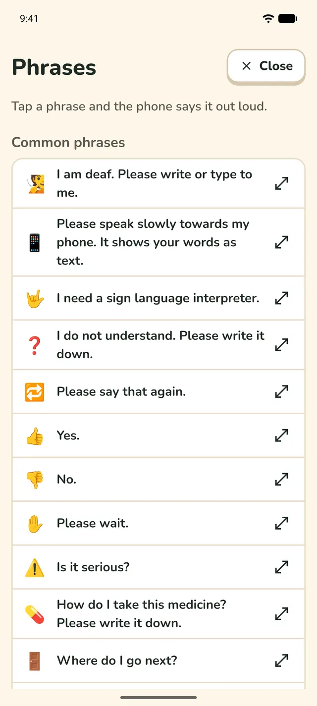 Phrases: common phrases such as "I need a sign language interpreter", each with an emoji.