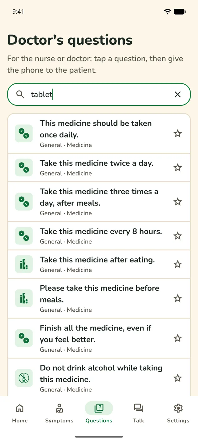 A search for "tablet", showing the medicine instructions.