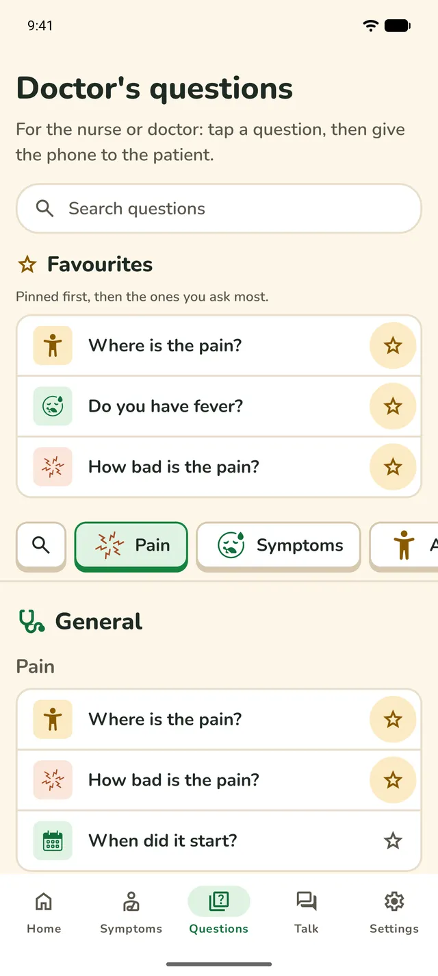 Doctor's questions: a search box, three pinned Favourites and the bar of group chips.