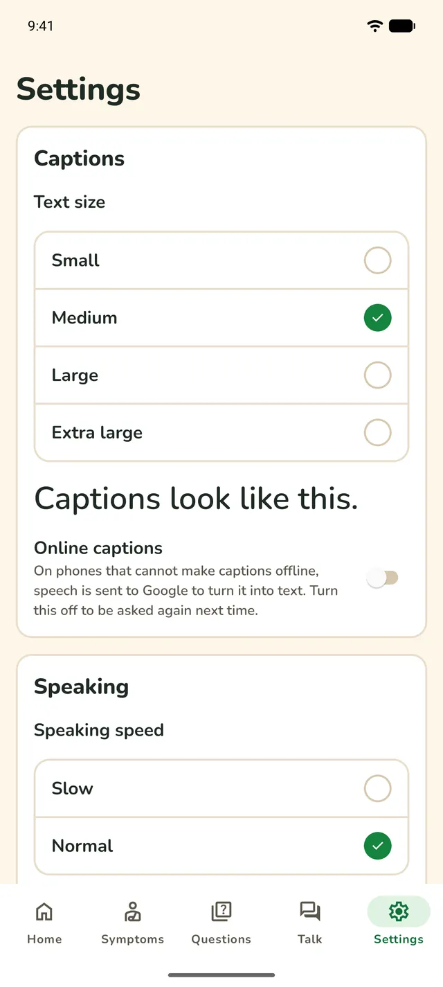 Settings: caption text size, online captions and speaking speed.