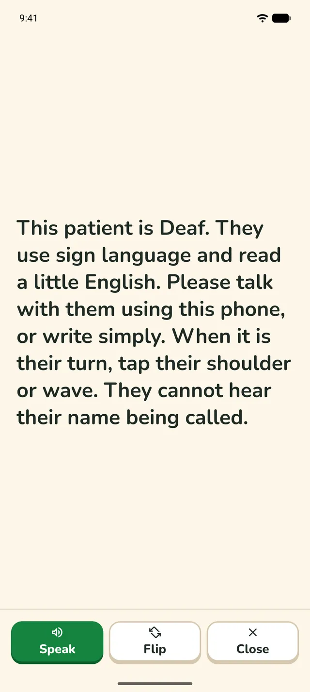 The staff card: "This patient is Deaf. They use sign language and read a little English. When it is their turn, tap their shoulder or wave."