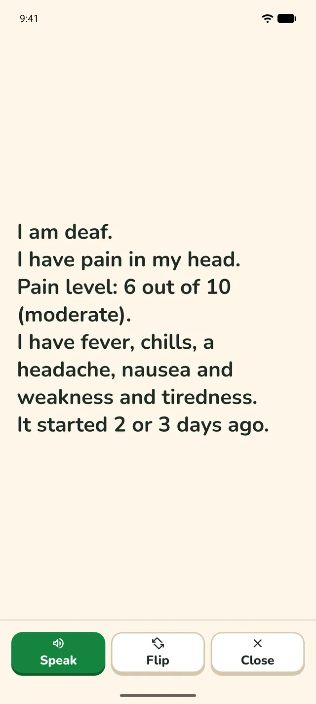 The patient's answers in large text: I am deaf. I have pain in my head. Pain level: 6 out of 10 (moderate).