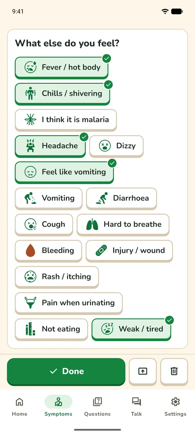 "What else do you feel?" with picture chips, and fever, chills, headache, "feel like vomiting" and "weak / tired" ticked.