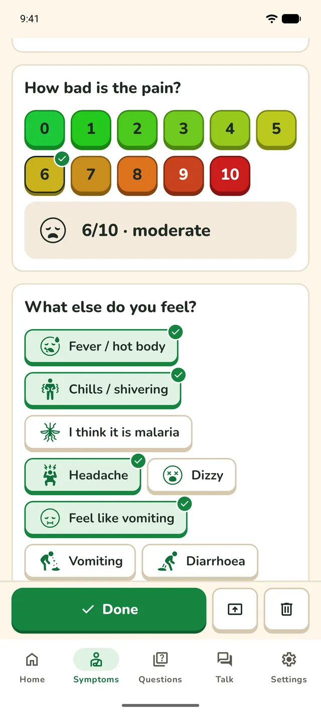 The pain scale from 0 to 10, with 6 chosen: "6/10, moderate", and a face.