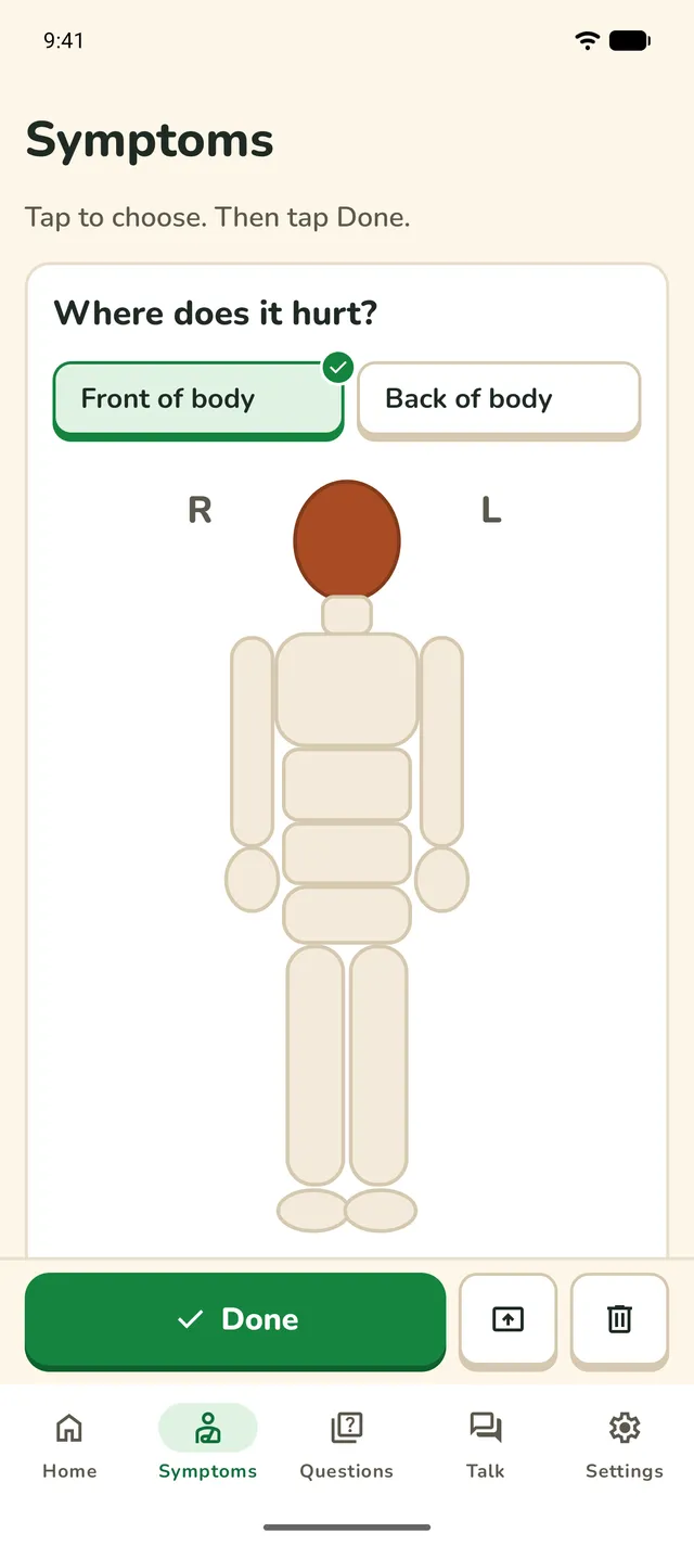 The Symptoms tab: "Where does it hurt?" on a body map, with the head tapped.