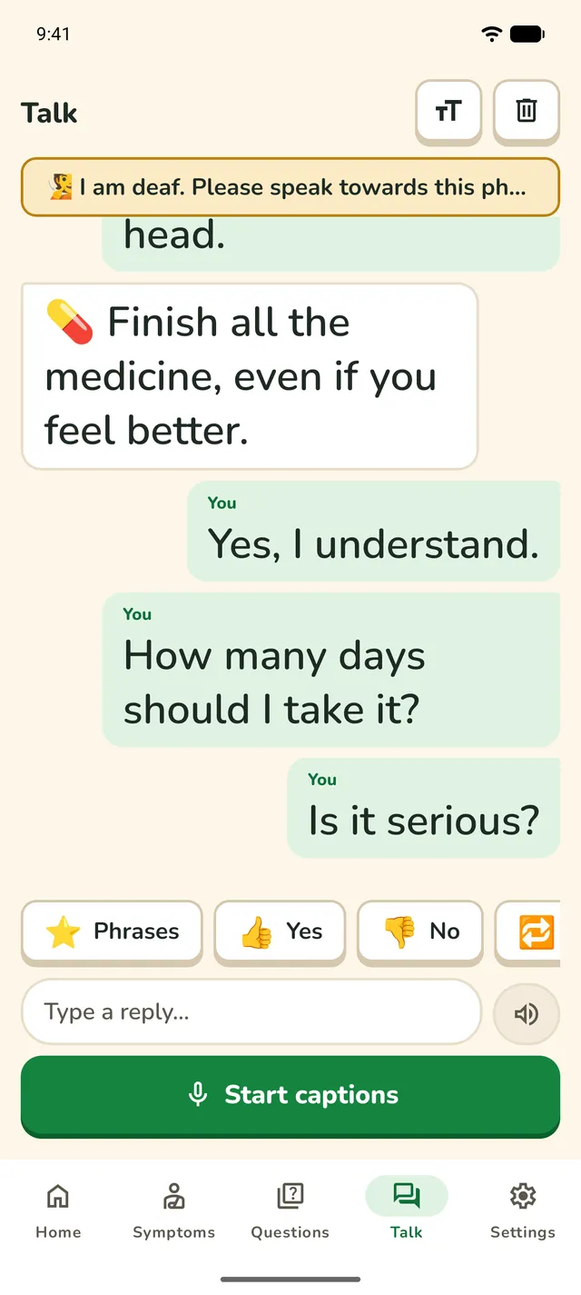 Talk: the clinician's message on the left, the patient's replies in green bubbles on the right, quick replies and Start captions.