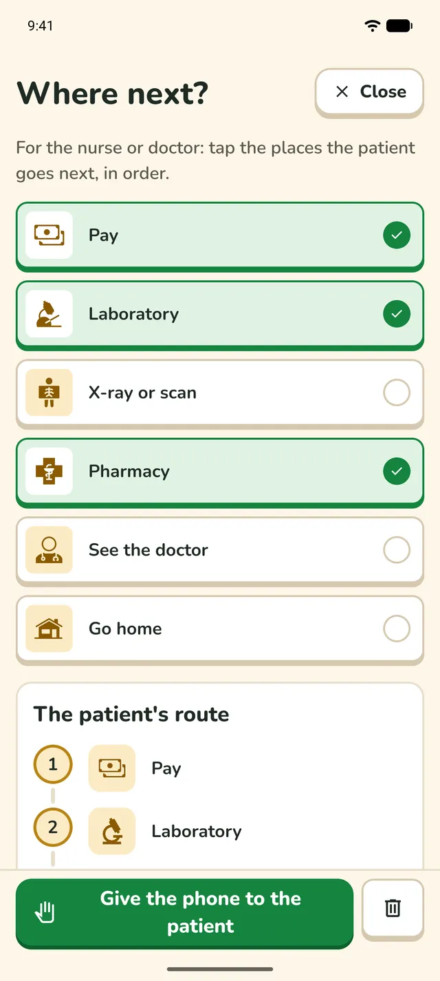 "Where next?" with Pay, Laboratory and Pharmacy ticked.